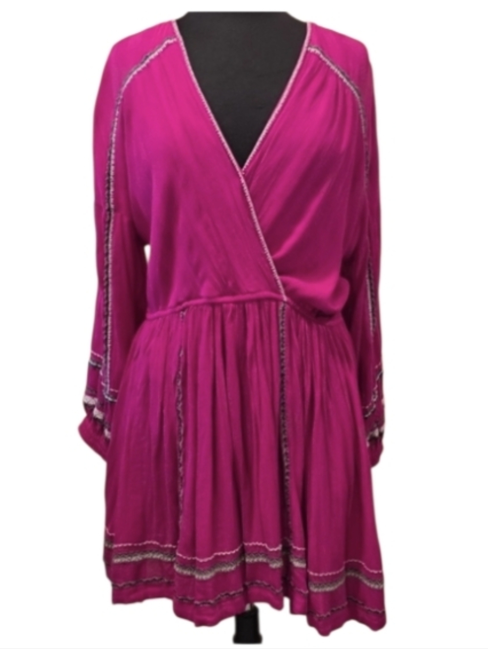 Free People Large Delilah Dress Embroidered Hot Pink Boho Bohemian Faux Wrap
